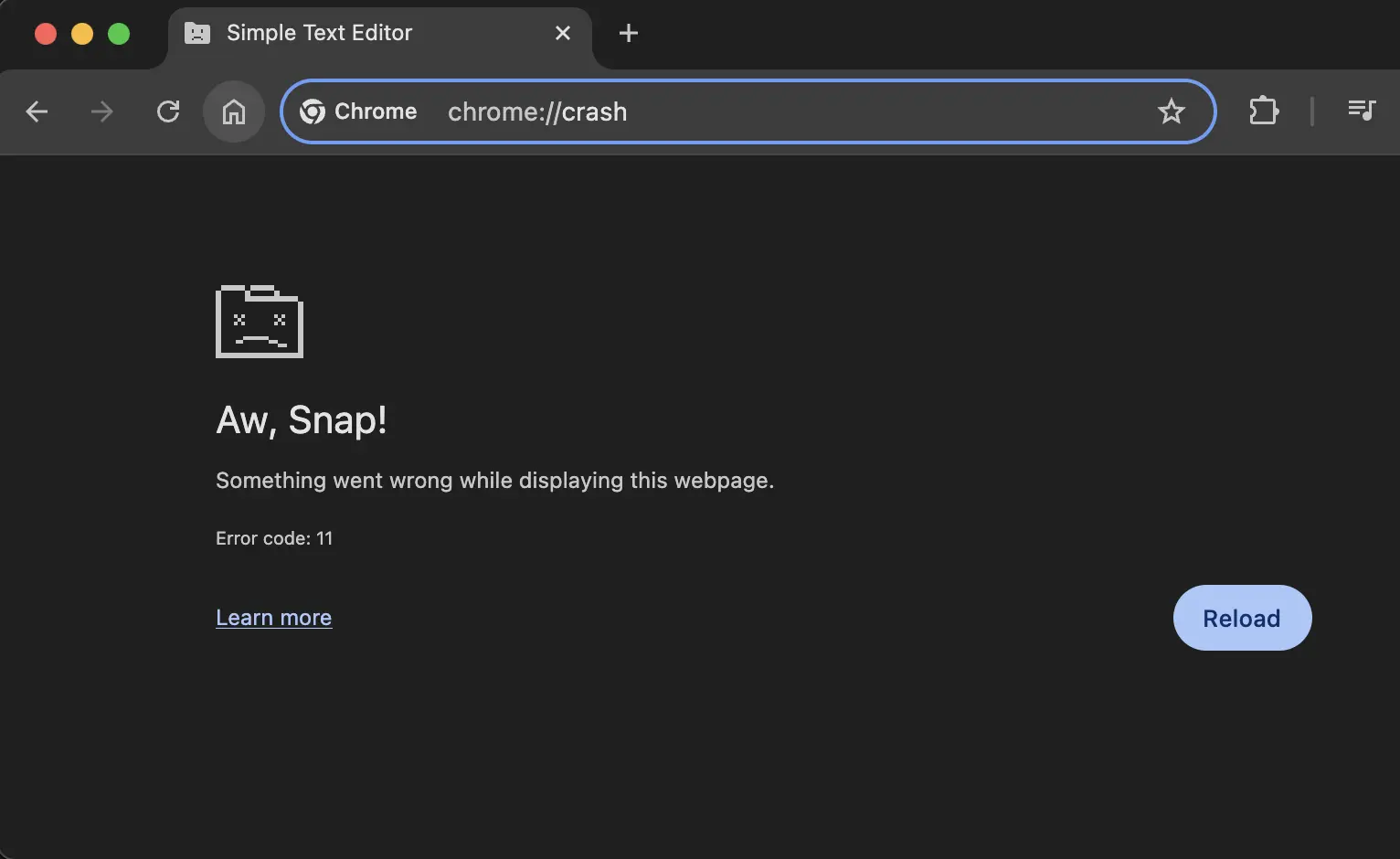A Chrome tab that has crashed
