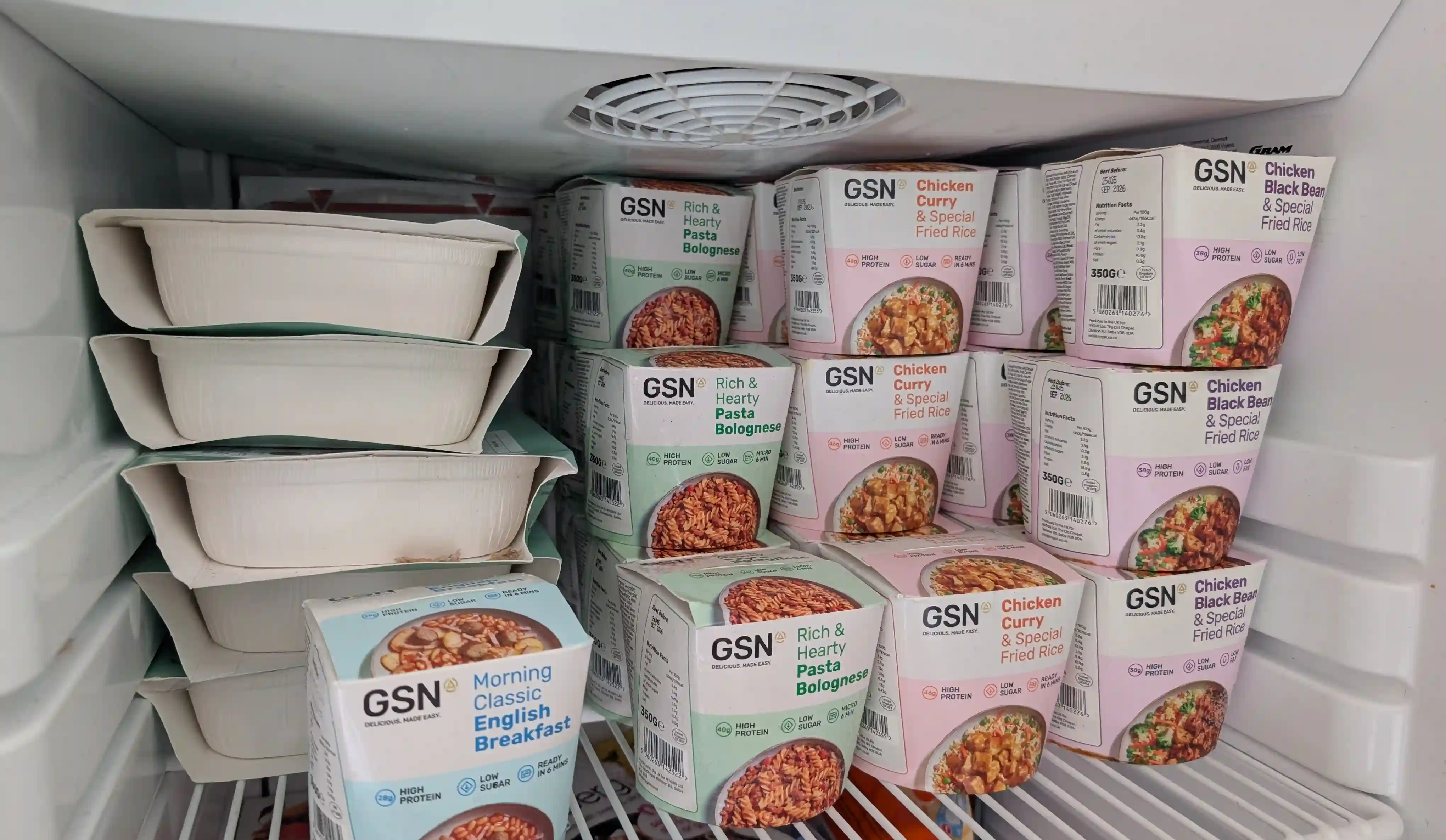 A freezer shelf stocked with Field Doctor and GSN meals A freezer shelf stocked with Field Doctor and GSN meals